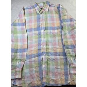 Mine 100% Linen Plaid Button Down Shirt Mens Large Pastel Summer Casual